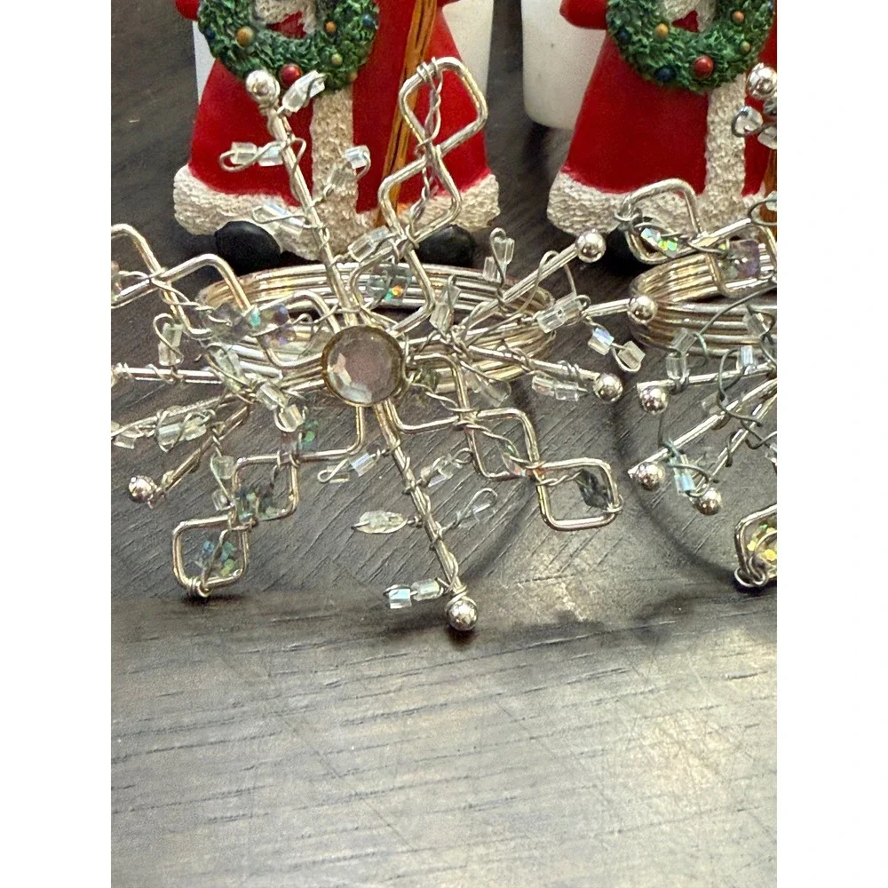 20pc‎ Christmas Napkin Ring Set Santa Snowman Snowflake Silver Beaded Holiday
